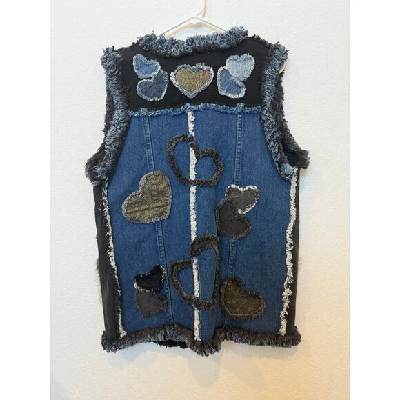 Vintage Denim Distressed Heart Valentine Vest Pockets Black Blue‎ - Picture 2 of 8